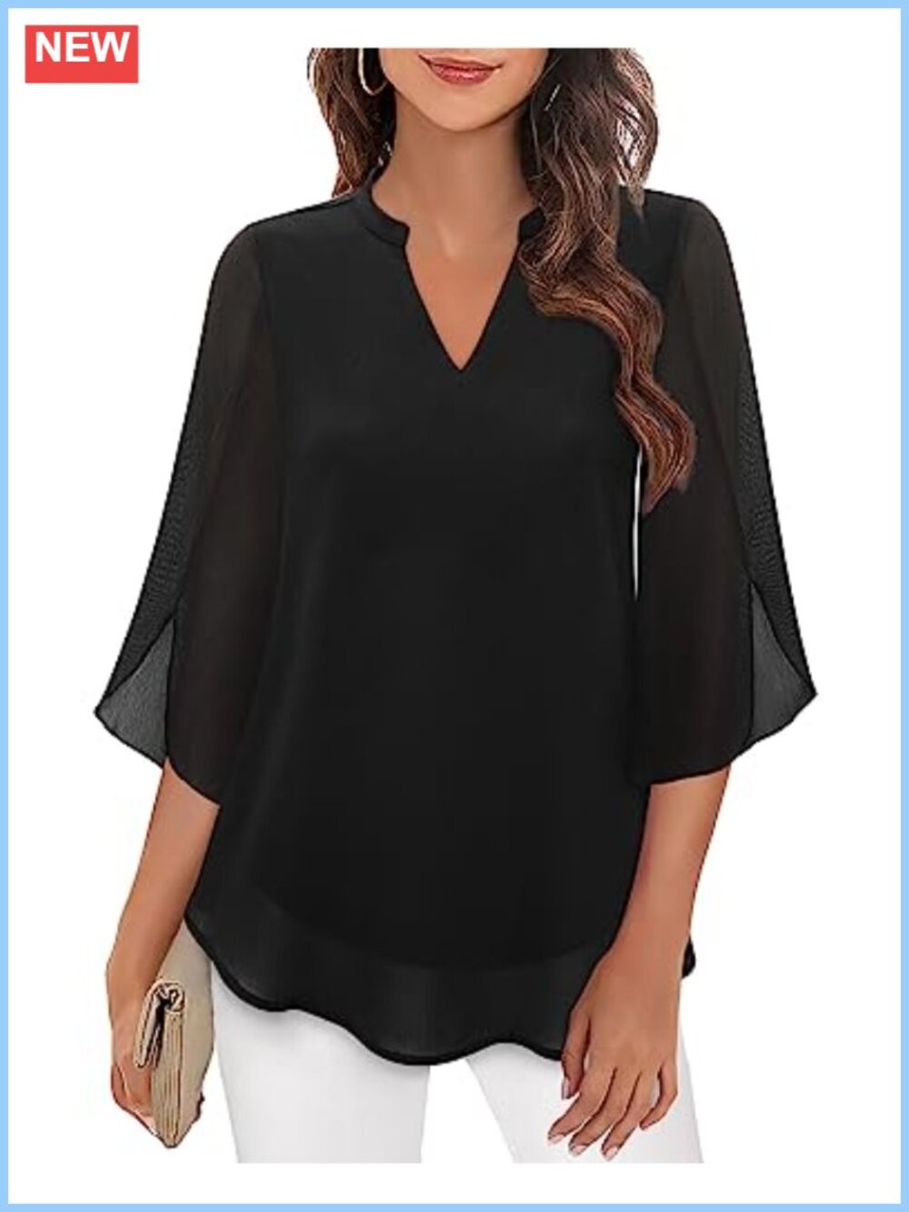 Chiffon Ruffle 3/4 Bell Sleeve V-Neck Blouse, Double Layer, plus size